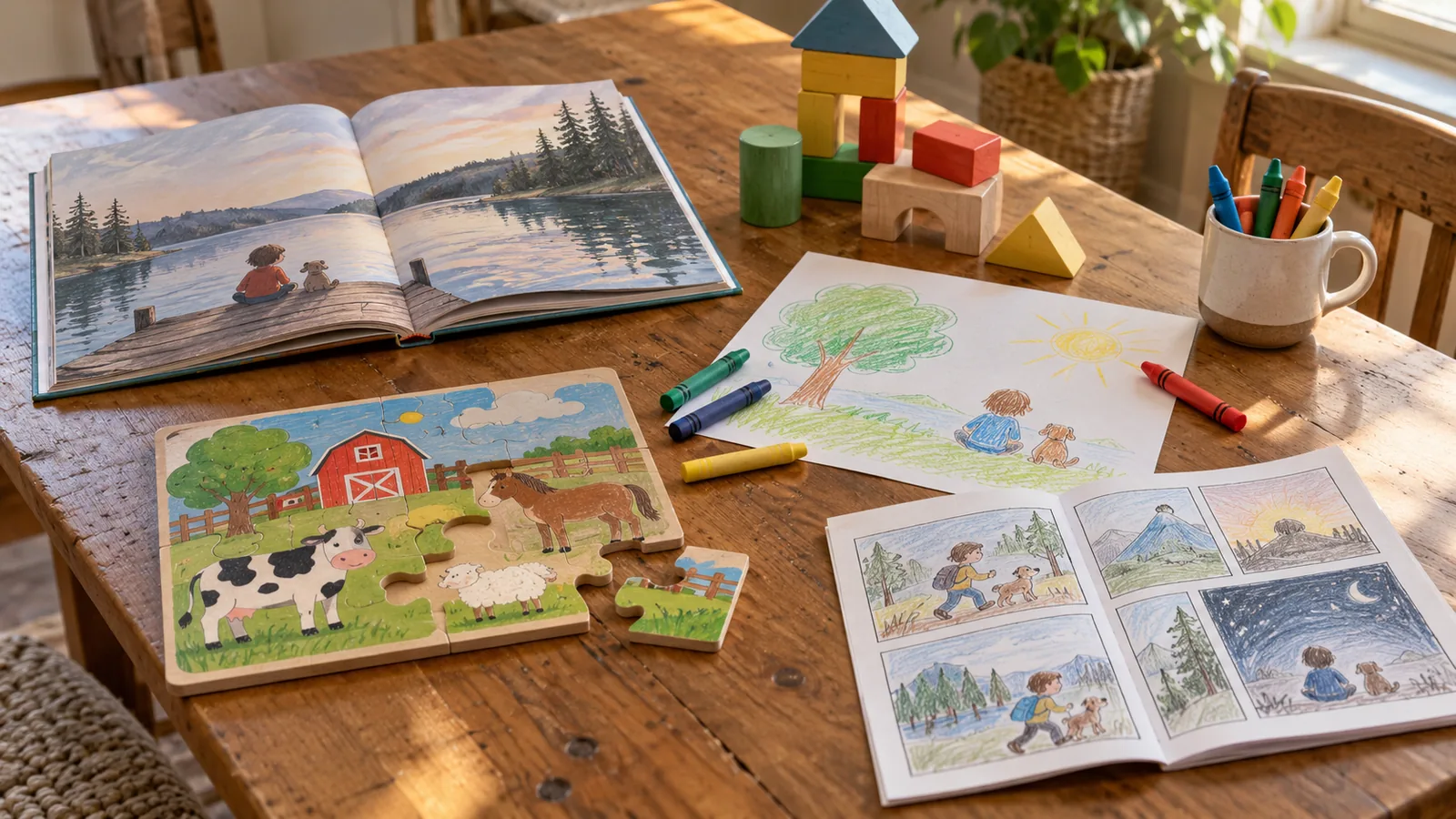 Picture book, large blocks, a puzzle, crayons and a handmade comic arranged on a wooden table